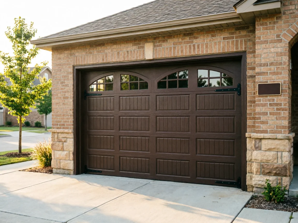 A brown garage door with arched windows is on a brick house.