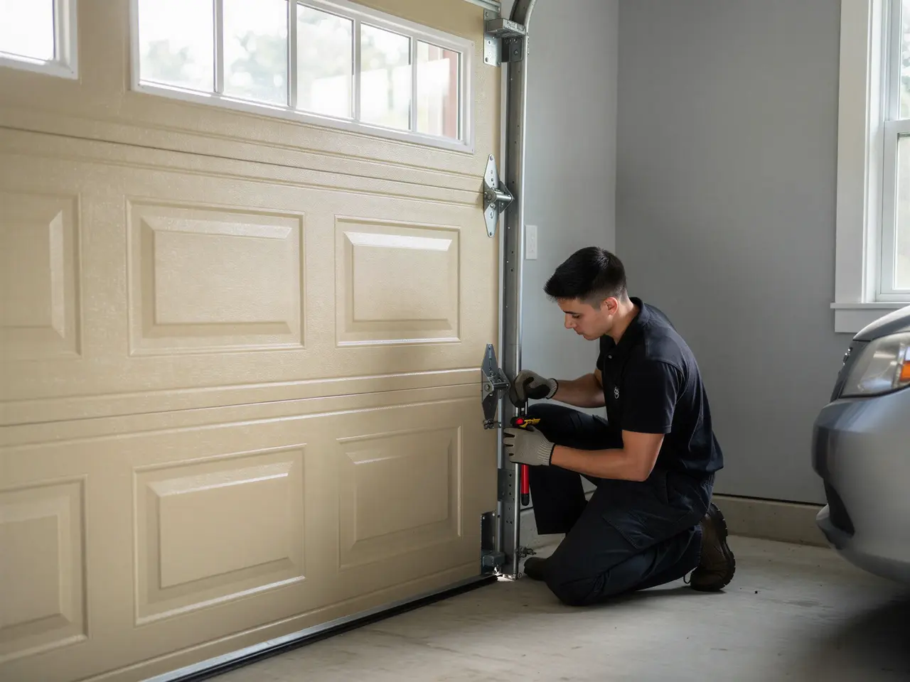 A technician kneels, adjusting a hinge on a tan garage door.